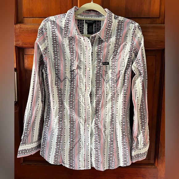 Wrangler Retro Western Snap Button Shirt L Aztec Cowboy Rodeo Boho Cotton - Picture 11 of 12